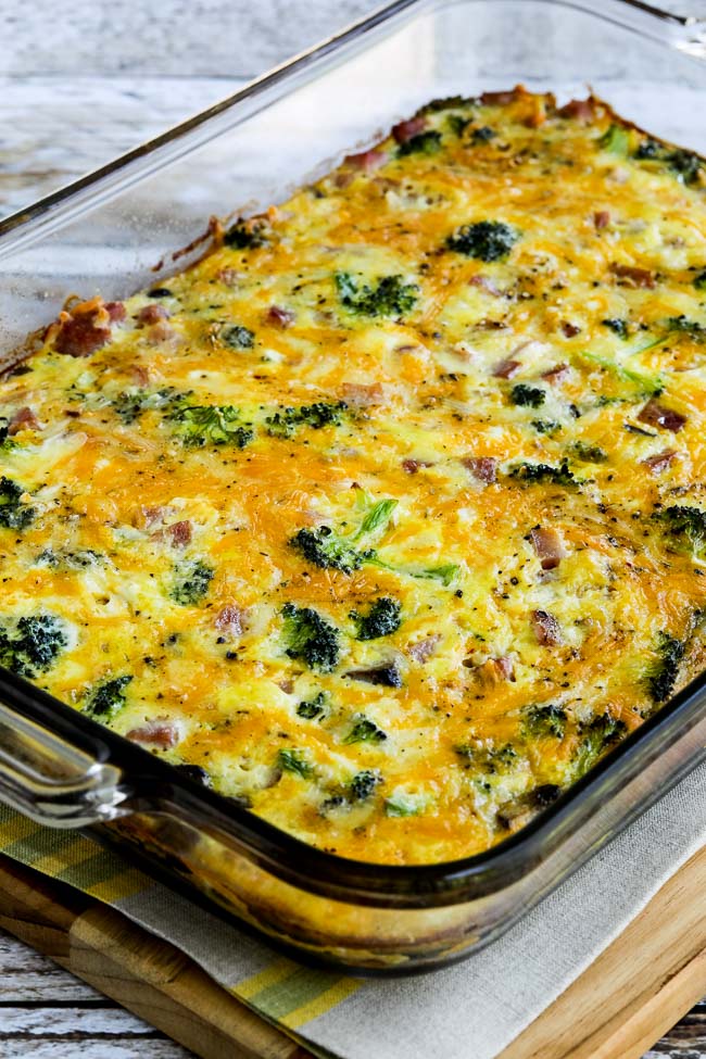 Broccoli, mushrooms, ham and cheddar baked with eggs found on KalynsKitchen.com