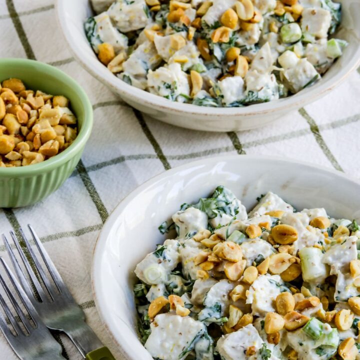 Spicy Chicken Salad with Ginger and Lemon shown in two bowls with forks and bowl of peanuts.