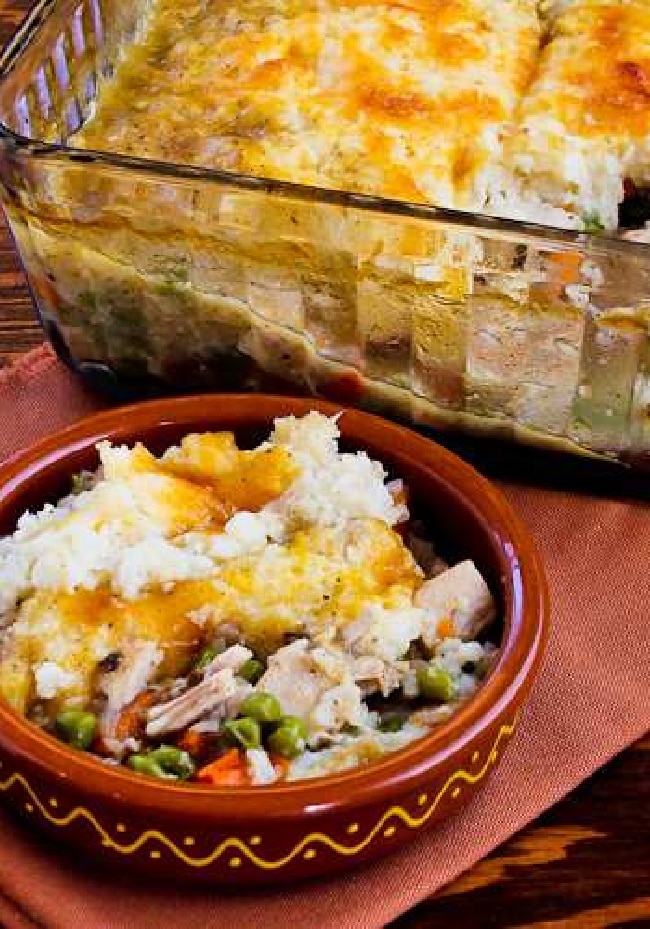 Turkey Shepherd's Pie with Cauliflower Topping one serving in bowl and casserole in background