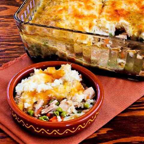 Turkey Shepherd's Pie with Cauliflower Topping finished dish with one serving in bowl
