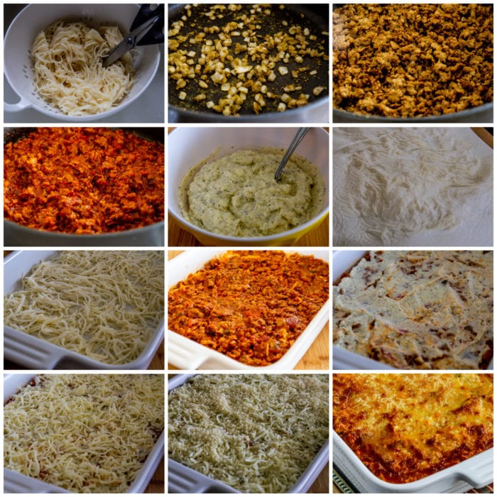 process shots collage for low-carb Spaghetti Casserole made with Palmini Pasta