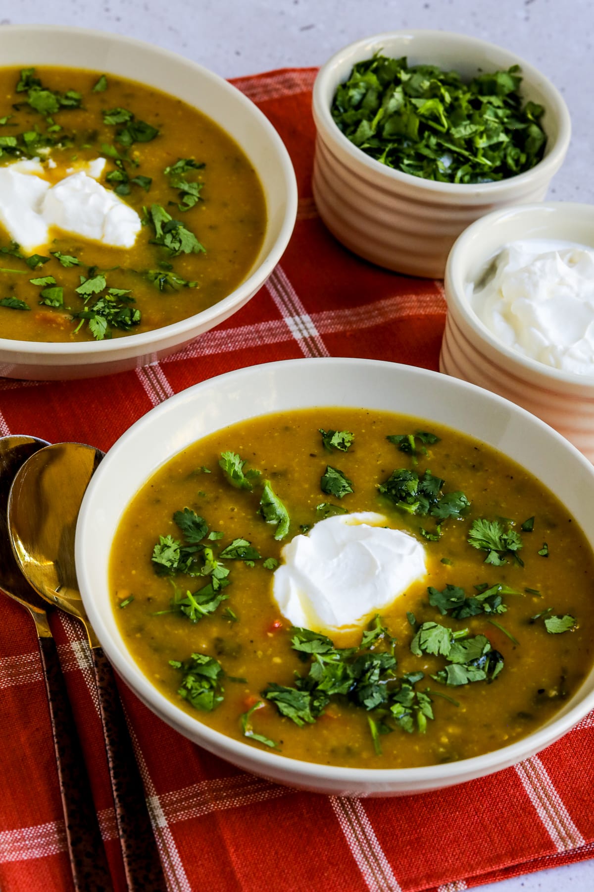 Butternut Squash Black Bean Soup shown in two bowls with cilantro and sour cream in back.