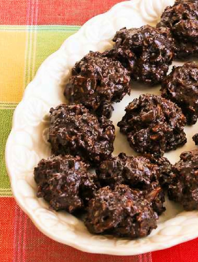Sugar-Free Flourless Chocolate Coconut Drops shown on serving plate
