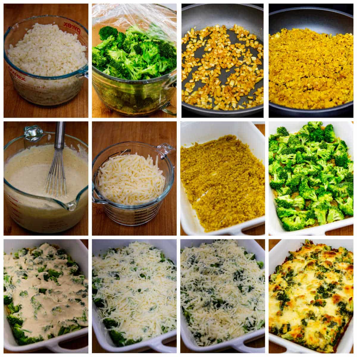 Collage showing recipe steps for Broccoli Cauliflower Rice Casserole.