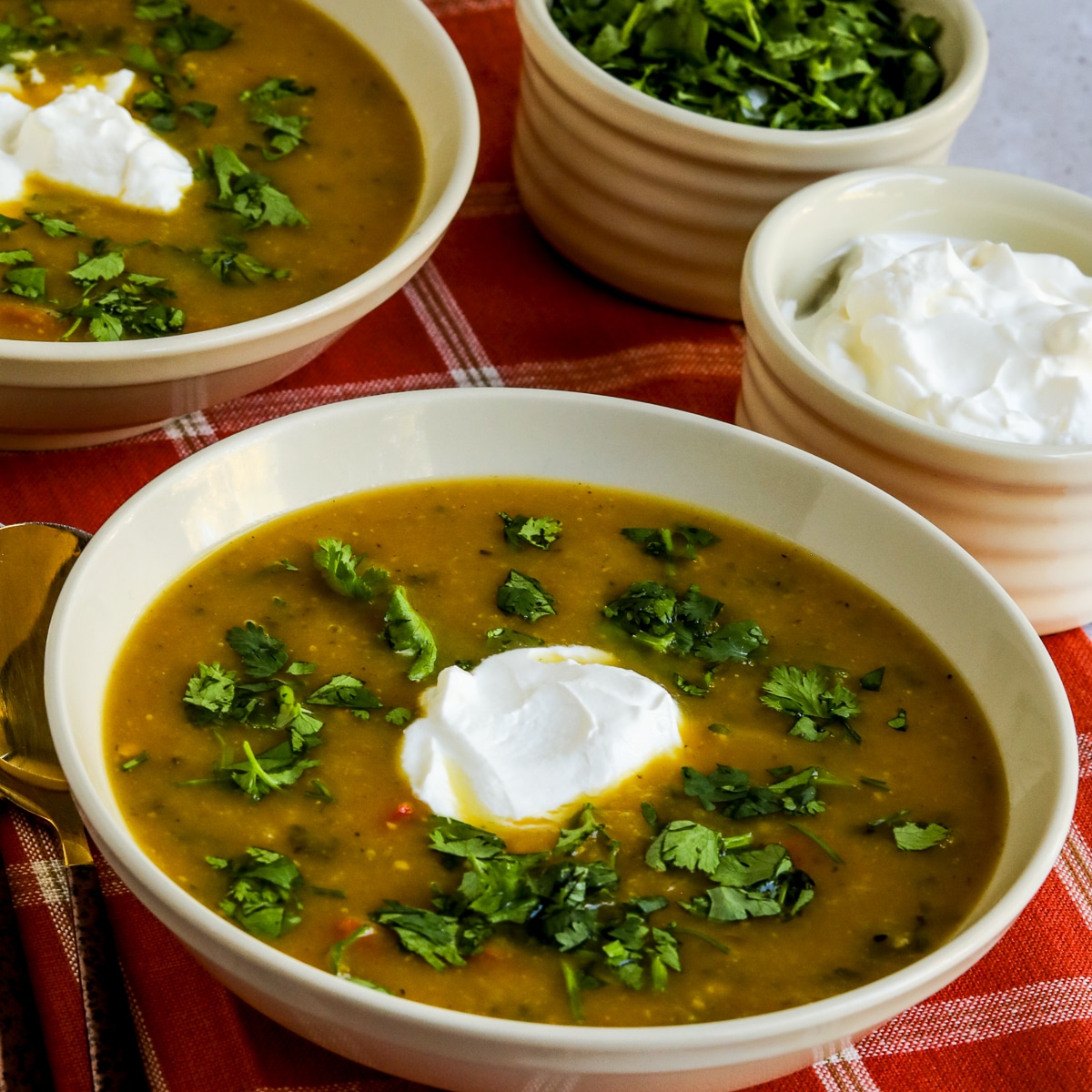 Square image for Butternut Squash and Black Bean Soup shown in two bowls.
