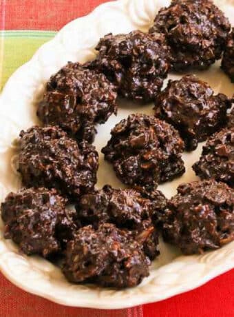 Square image for Sugar-Free Chocolate Coconut Drops shown on serving platter.