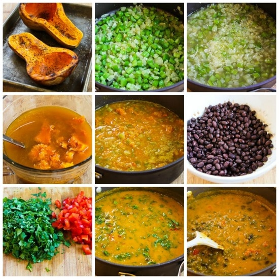 Spicy Vegetarian Butternut Squash Soup with Black Beans, Red Bell Pepper, and Cilantro found on KalynsKitchen.com
