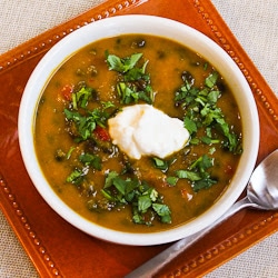 Spicy Butternut Squash Soup with Black Beans, Red Bell Pepper, and Cilantro found on KalynsKitchen.com