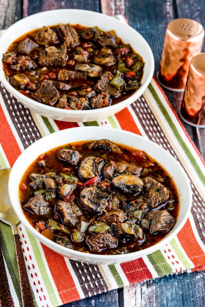 Leftover Roast Beef Italian Stew shown in two serving bowls