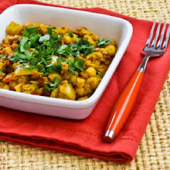 Ground Turkey and Chickpea Curry finished dish in serving bowl on napkin