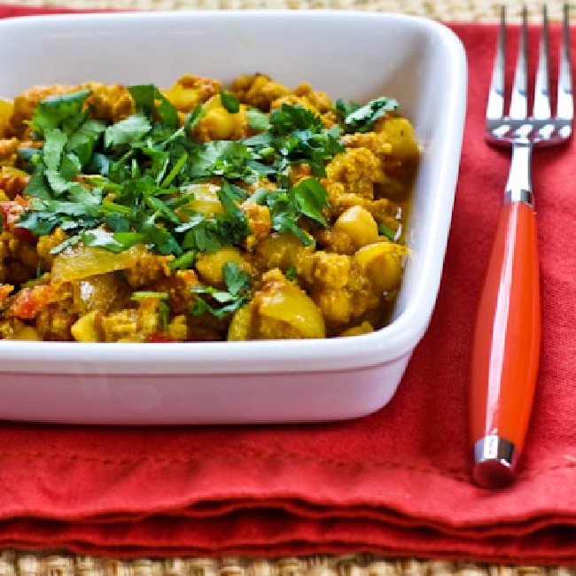 Ground Turkey and Chickpea Curry in square bowl