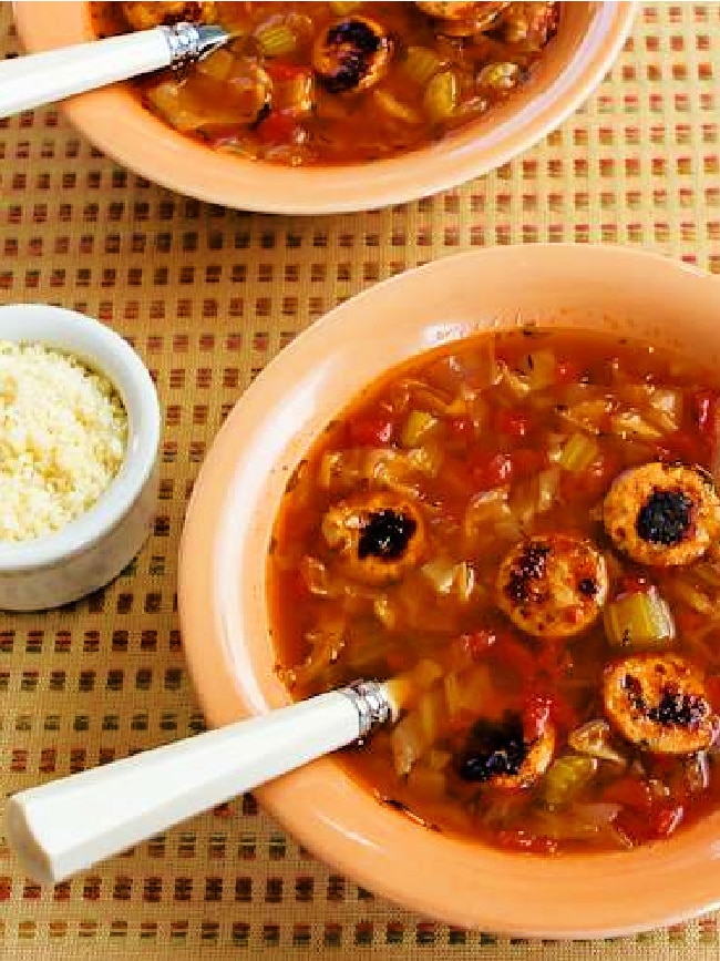 Slow Cooker Cabbage soup with Sausage finished soup in two serving bowls