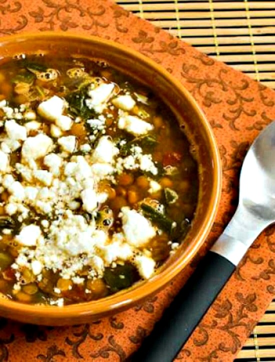 Slow Cooker Vegetarian Greek Lentil Soup with Tomatoes, Spinach, and Feta on KalynsKitchen.com