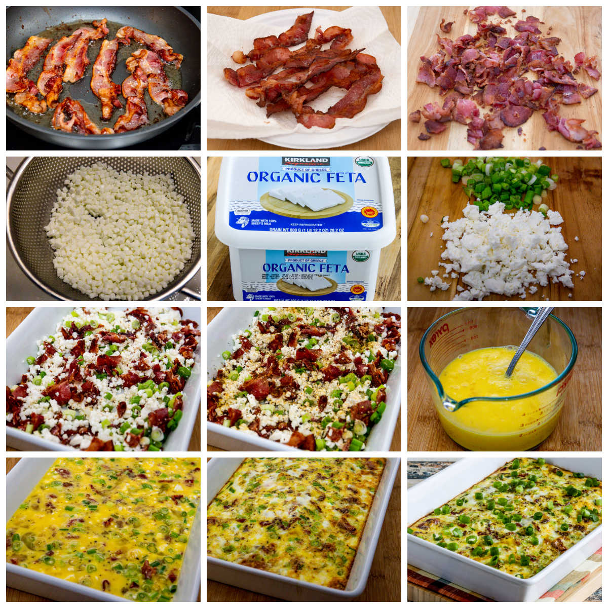 Process shots collage for Bacon Feta Breakfast Casserole