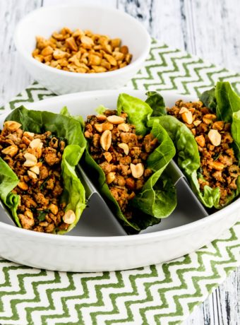Asian Lettuce Cups with Spicy Ground Turkey finished lettuce cups with peanuts