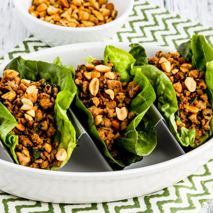 Asian Lettuce Cups with Spicy Ground Turkey finished lettuce cups with peanuts