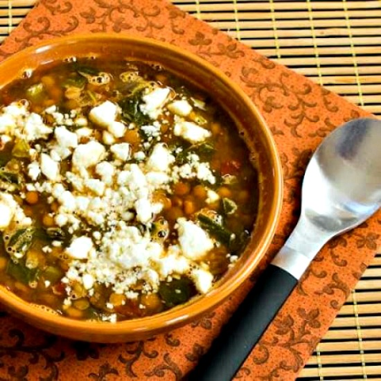 Slow Cooker Vegetarian Greek Lentil Soup with Tomatoes, Spinach, and Feta on KalynsKitchen.com