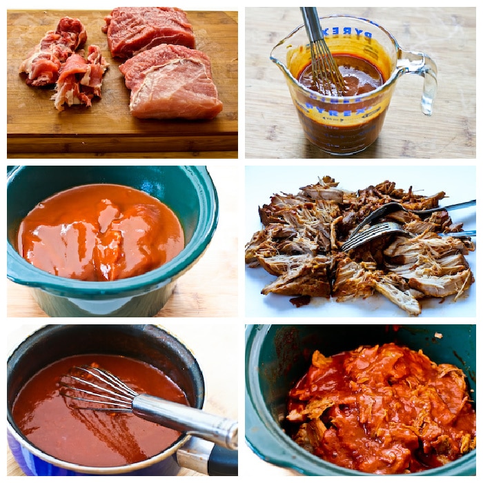 slow cooker pulled pork low carb barbecue sauce process shot collage