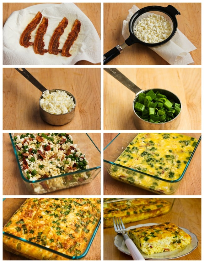Broken Arm Breakfast Casserole with Cottage Cheese, Bacon, and Feta process shots collage