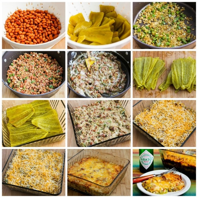 Vegetarian Green Chili and Pinto Bean Layered Mexican Casserole Process Shots Collage