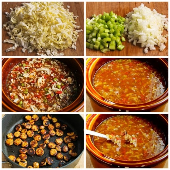 Low-Carb Slow Cooker Cabbage Soup with Tomatoes, Sausage, and Parmesan found on KalynsKitchen.com