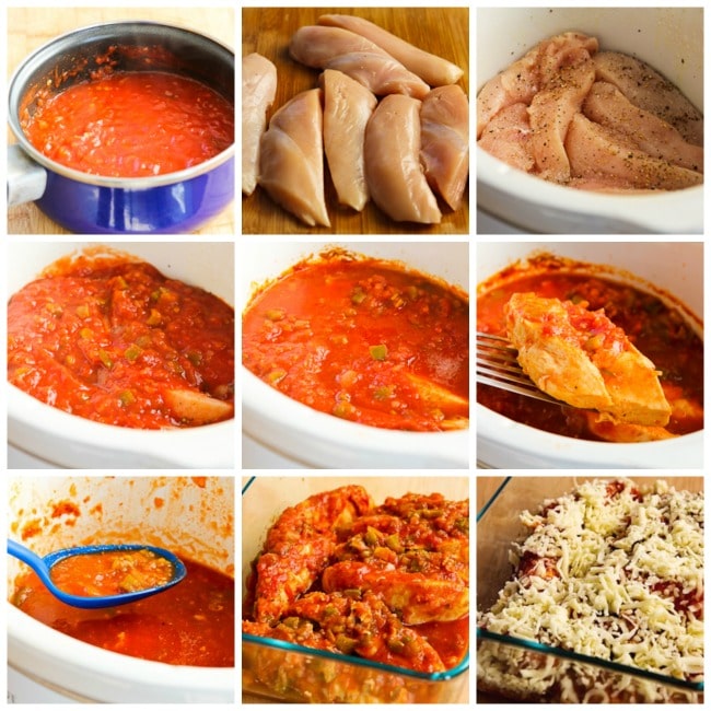 Slow Cooker Salsa Chicken with Lime and Melted Mozzarella process shots collage