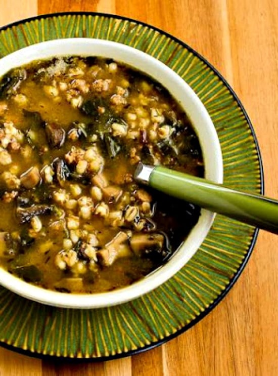 Ground Turkey and Barley Soup with Mushrooms and Spinach found on KalynsKitchen.com