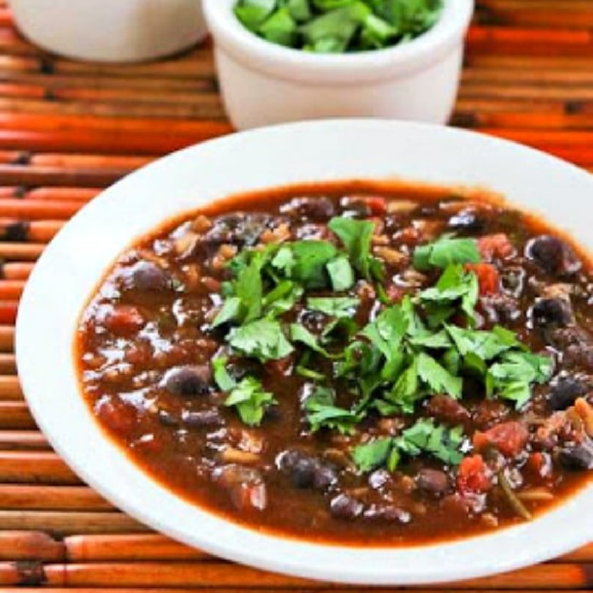 Square image black bean and rice soup in bowl.