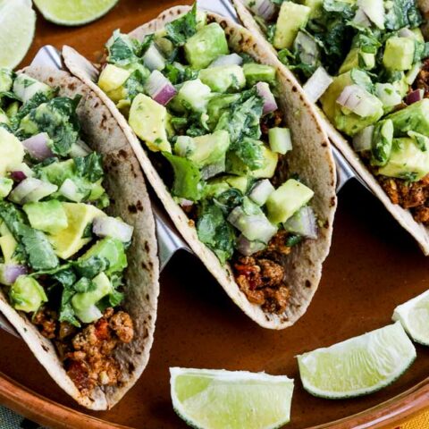 Ground Turkey Green Chile Low-Carb Tacos with Avocado Salsa found on KalynsKitchen.com