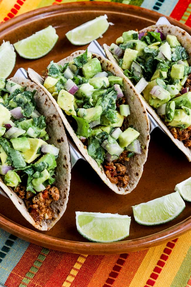 Ground Turkey Green Chile Low-Carb Tacos with Avocado Salsa found on KalynsKitchen.com