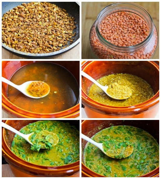 Indian-Spiced Slow Cooker Red Lentil Soup with Spinach and Coconut Milk found on KalynsKitchen.com