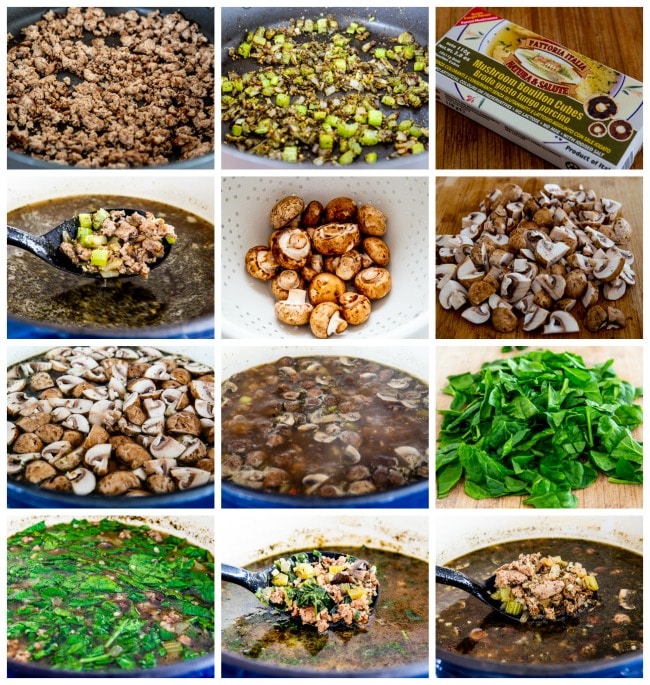 Ground Turkey Soup with Mushrooms and Spinach process shots collage