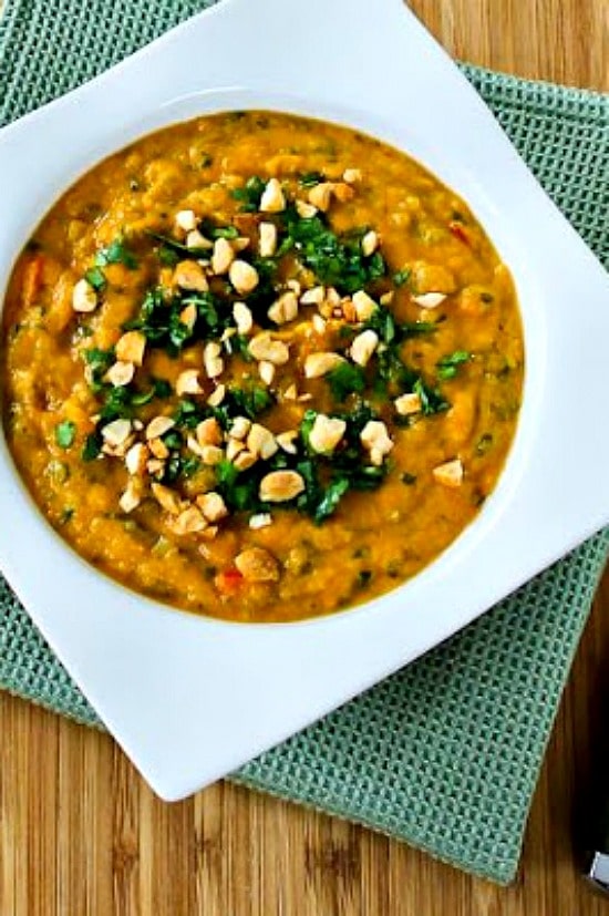 Slow Cooker Thai-Inspired Butternut Squash and Peanut Soup with Red Bell Pepper, Lime, and Cilantro [found on KalynsKitchen.com]