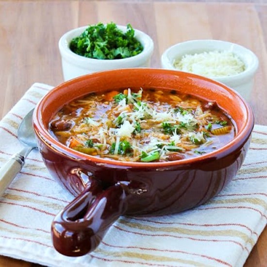 Slow Cooker Vegetarian Pasta e Fagioli Soup found on KalynsKitchen.com