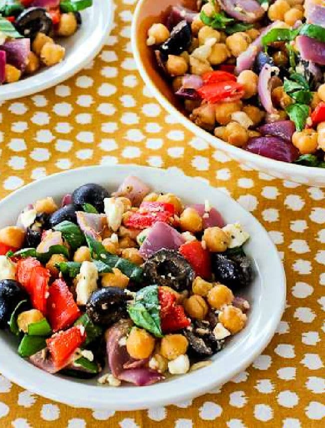 Roasted Vegetable Salad with Chickpeas shown in three bowls.