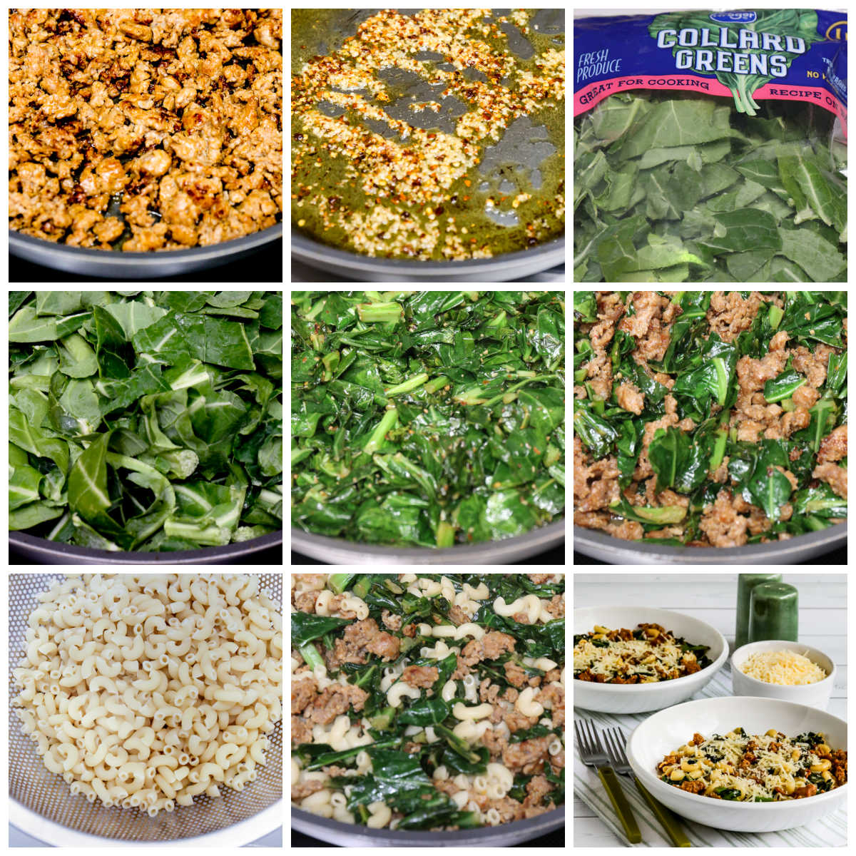 Italian Sausage Pasta with Collard Greens collage photo of recipe steps.