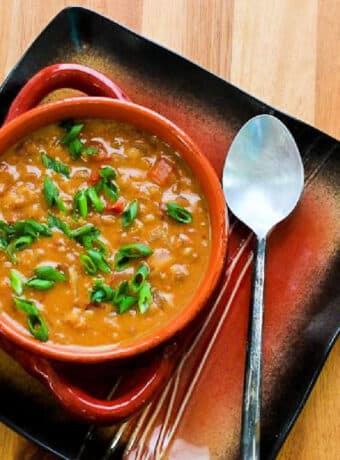 Square image of Crockpot Peanut Butter Soup in serving bowl with spoon.