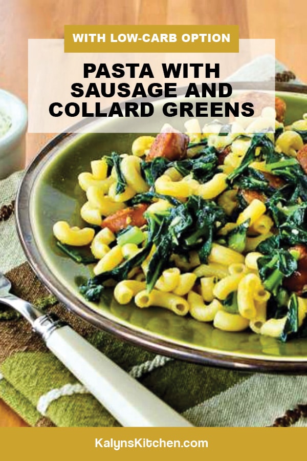 Pinterest image of Pasta with Sausage and Collard Greens