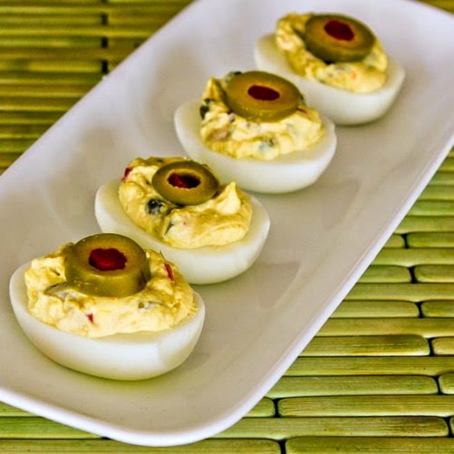 Deviled eggs with Green Olives, Capers, and Dijon found on KalynsKitchen.com