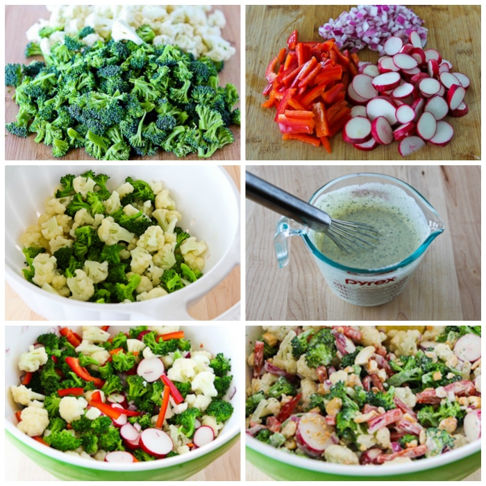 Broccoli, Cauliflower, and Radish Salad with Cashews process shots collage