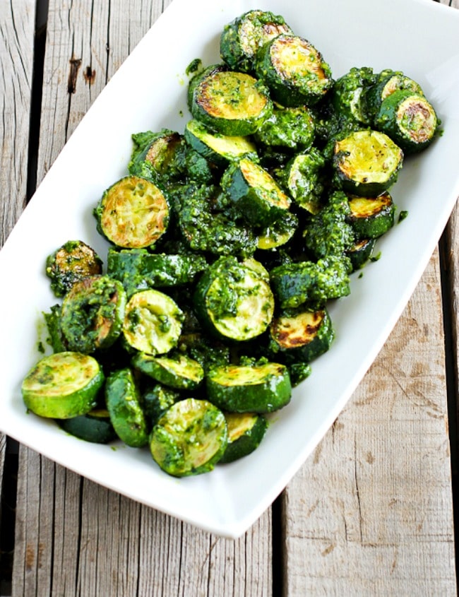 Sauteed Zucchini with Pesto close-up photo of finished dish on plate