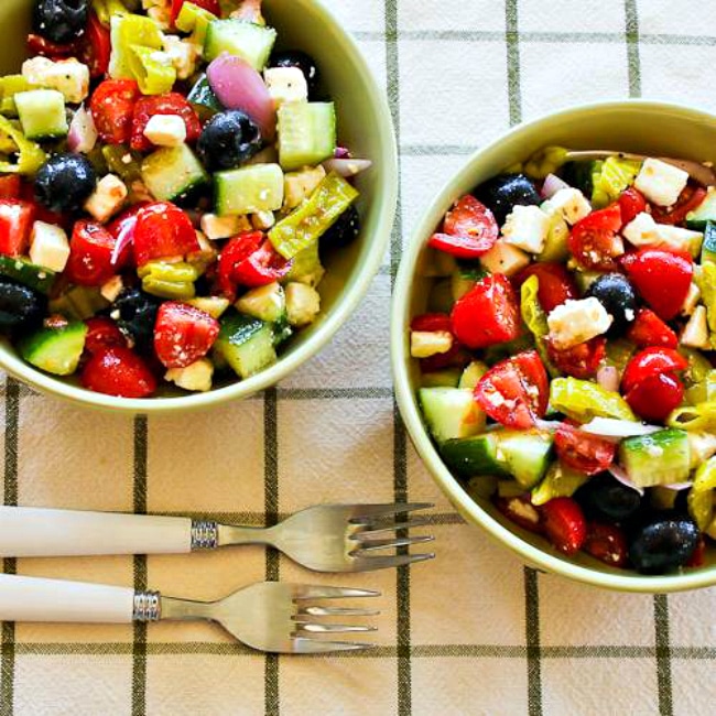 Spicy Greek Salad with Peperoncini finished salad in serving bowls