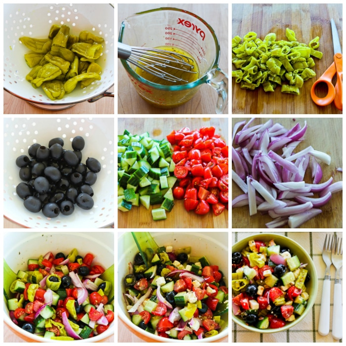 Spicy Chopped Greek Salad with Peperoncini process shots collage