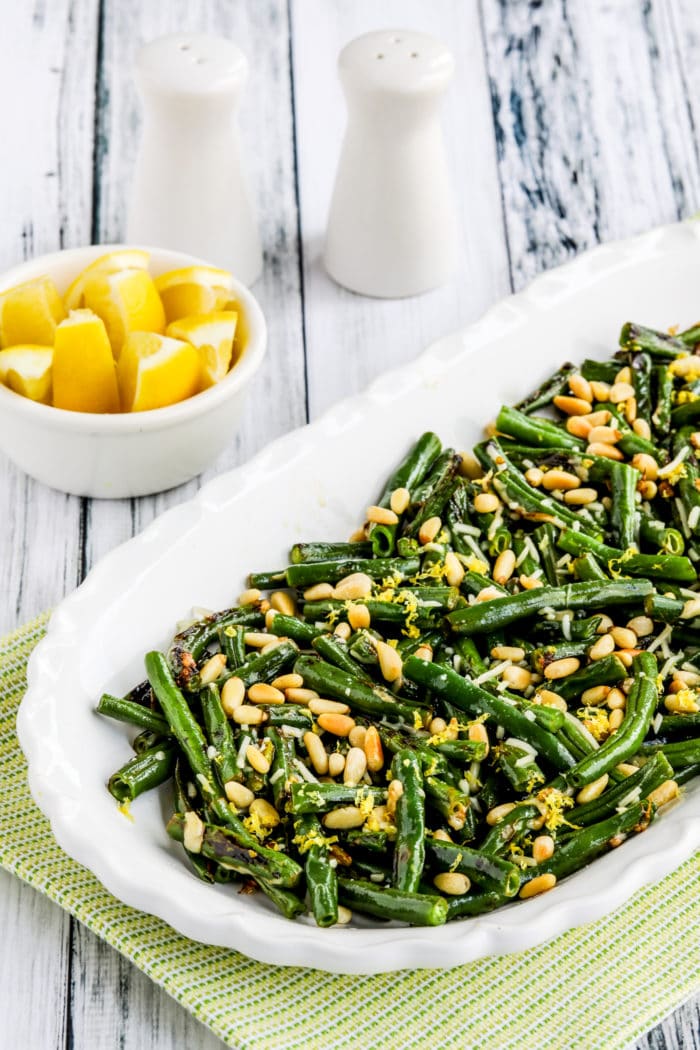 Green Beans with Lemon, Parmesan, and Pine Nuts finished beans on serving plate
