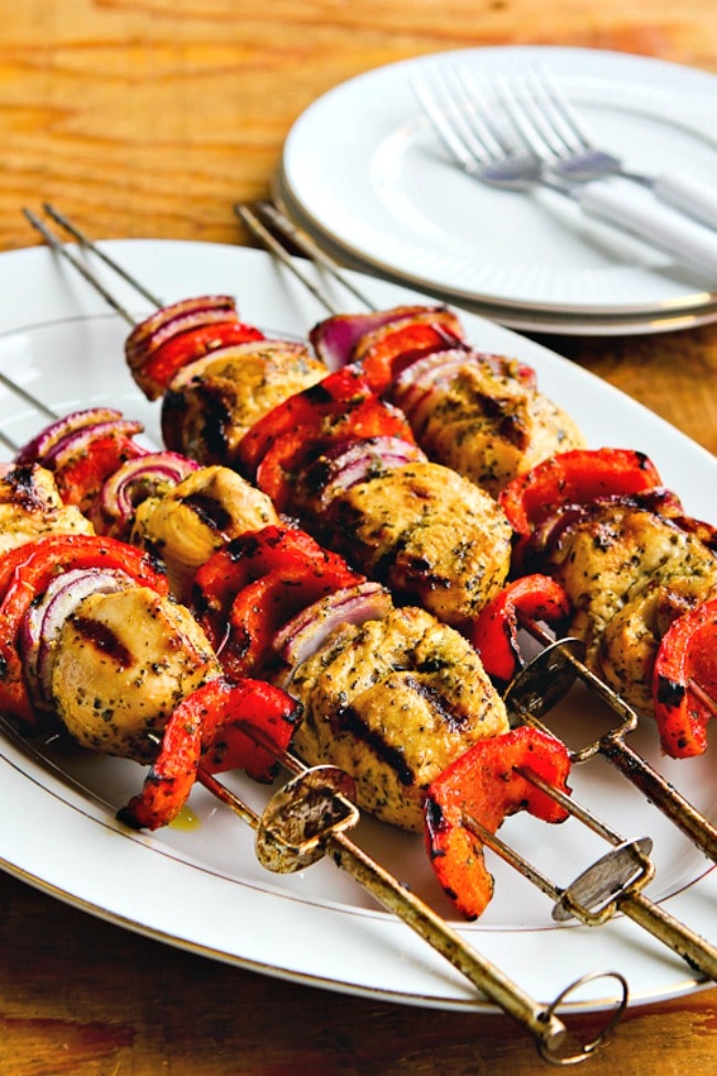 Grilled Chicken and Veggie Kabobs finished kabobs on serving plate