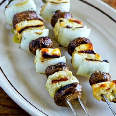 Grilled Halloumi Cheese Skewers with Mushrooms and Sweet Onions found on KalynsKitchen.com