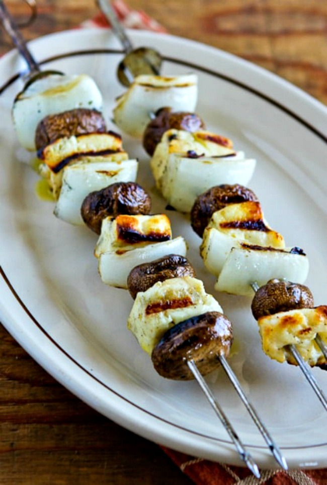 Grilled Halloumi Cheese Skewers with Mushrooms and Sweet Onions found on KalynsKitchen.com