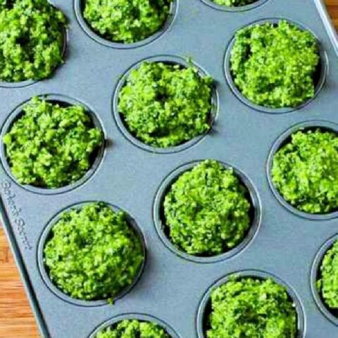 Kale and Basil Pesto with Lemon and Parmesan finished pesto in muffin tin