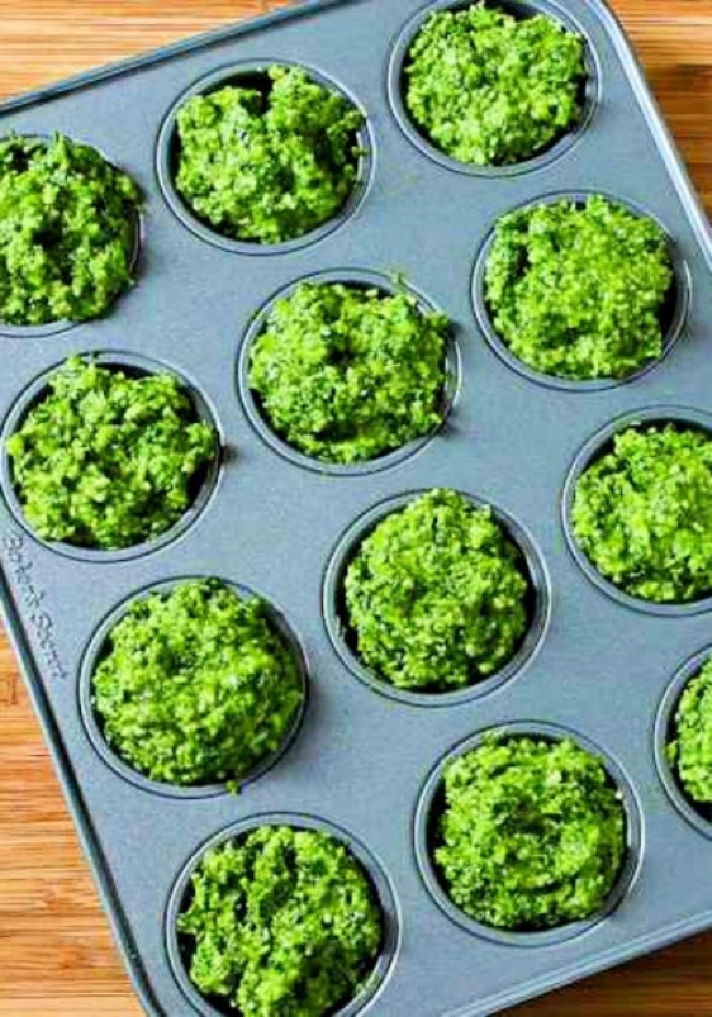 Kale and Basil Pesto with Lemon and Parmesan finished pesto in muffin tin