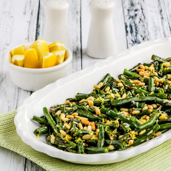 Green Beans with Lemon, Parmesan, and Pine Nuts square thumbnail image of finished beans on serving plate